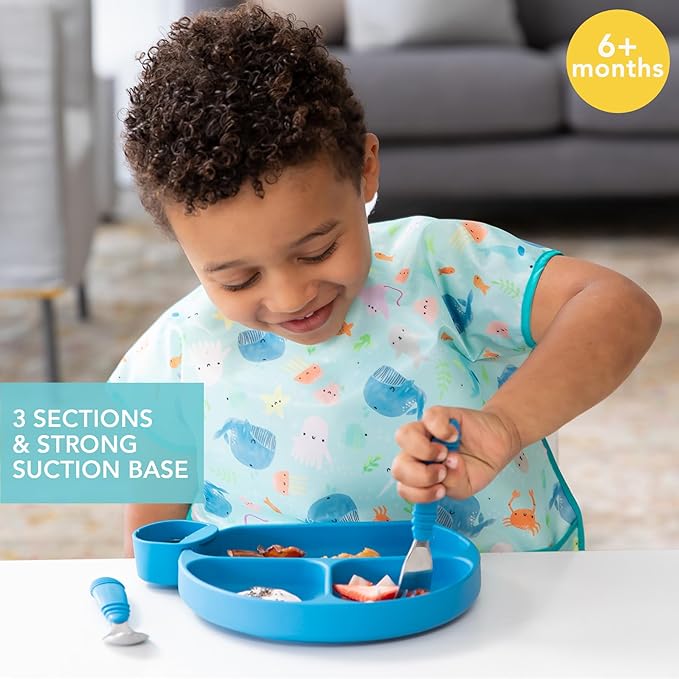 Bumkins Toddler and Baby Suction Plate, Silicone Divided Grip Dish for Babies and Kids, Baby Led Weaning, Children Feeding Supplies, Non Skid Bottom, Platinum Silicone, 6 Mos Up, Blue and Dark Blue