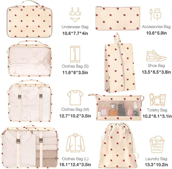 8 Set Packing Cubes for Suitcases,Suitcase Organizer with Shoe,Cosmetics,Clothing, and Accessories Bags for Travel Luggage Organizer Women Men(Beige Small Strawberry)