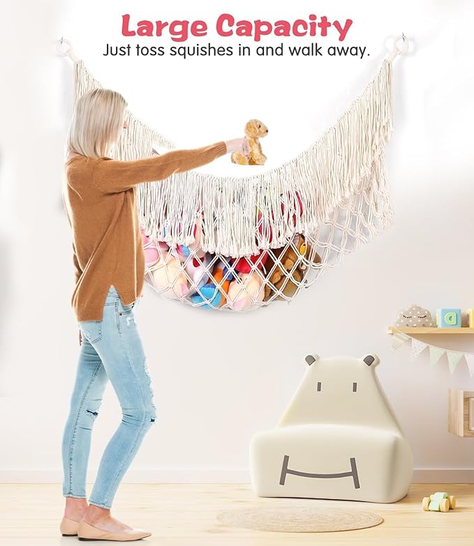 Stuffed Animal Hammock - Extra Large 63'' Long, Stuffed Animal Storage, stuffed animal Holder net, Hammock Large, Storage Hanging Organizer - Cream White