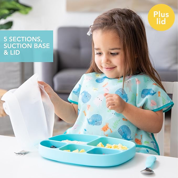 Bumkins Toddler and Baby Suction Plate, Silicone Divided Grip Dish and Lid, Large 5-Section Tray for Kids, Essentials in Children Feeding Supplies, Non Skid Stick Bottom, for Ages 6 Months Up, Blue
