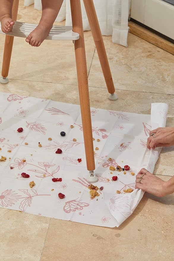 Food Catcher Splat Mat for Underneath Highchair | Premium Durable Material | Biodegradable | Disposable (30 Count)| Compatible with All Highchairs | Baby Food Mess Catcher- (Rose Wildflower)
