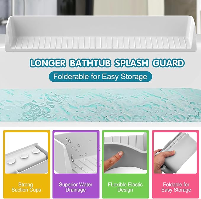 Splash Guard for Bathtub Kids, Silicone Water Bathtub Splash Guard, Bathtub Play Shelf for Kids, Tub Splash Guard Prevents Water Spills in Bathroom (2.6 FT, Grey