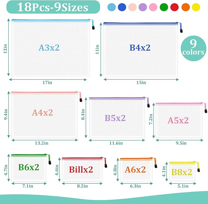 VVCOIIROEI 18pcs Mesh Zipper Pouch Bags, 9 Sizes Zipper Pouch, Mesh Bags With Zipper, Plastic Zipper Pouches, 9 Colors Zipper Pouches for Organizing, Board Game Storage, Travel, School Office organize
