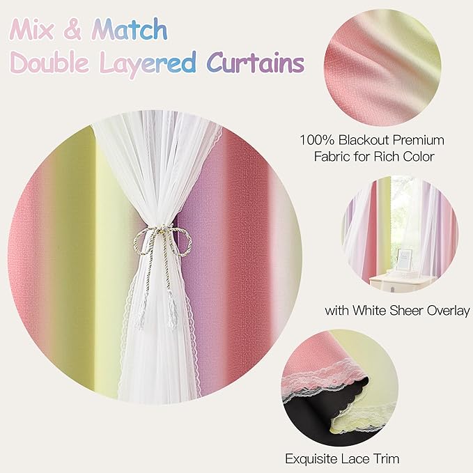 XiDi Pink Yellow Purple Blackout Curtains for Girls Bedroom 2 Panels Blackout Rainbow Curtain with Sheer Overlay Unicorn Wall Decals Drapes for Kids Nursery Room Grommet 52 Inches Wide 96 Inches Long