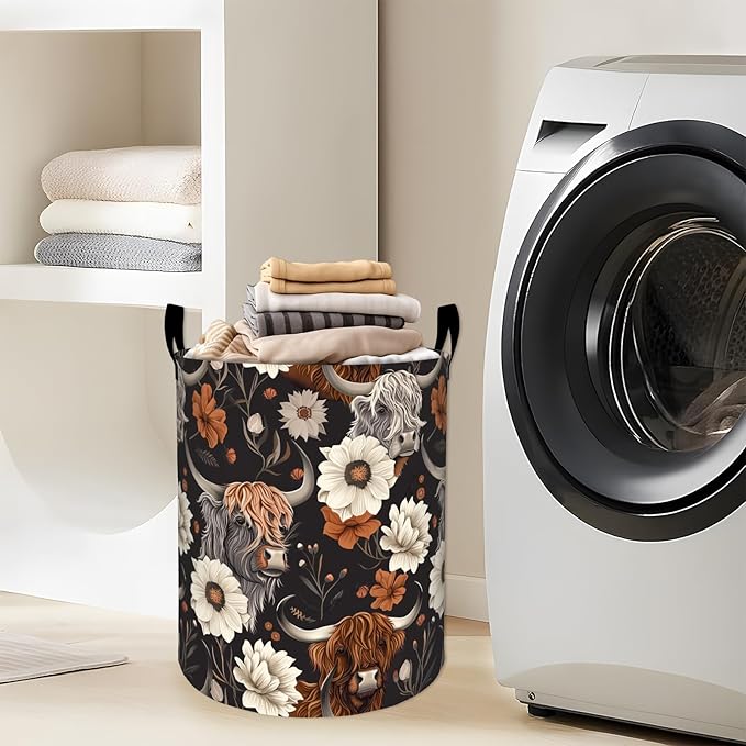 Cute Highland Cow and Flowers Laundry Basket with Handles, 19.7"x15.7" Clothes Foldable Laundry Hamper Organizer for Dorm Nursery Bedroom Bathroom Decor, Toy Storage Bin for Kids