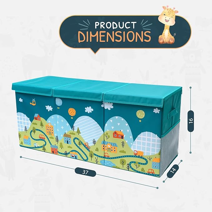 SoftOwl Extra Large Toy Storage Organizer with Lid - Sturdy, Collapsible Toy Chest Storage Box with Cute Design - Toys Bin with Dividers for Kids, Boys, Girls, Nursery, Bedroom, Play room 37"x16"x14"