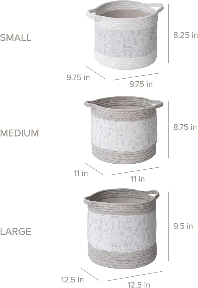 RGI Home Decorative Storage Baskets with Zoo Animal Prints, Set of 3 Round Fabric Rope and Linen Bins for Nursery or Playroom Organization, Multi-Sized with Easy-Carry Handles, Vapor Blue and White