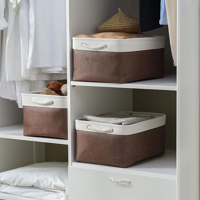 Sacyic Large Storage Baskets for Shelves, Fabric Baskets for Organizing, Collapsible Storage Bins for Closet, Nursery, Clothes, Home & Office [3-Pack, White&Brown]