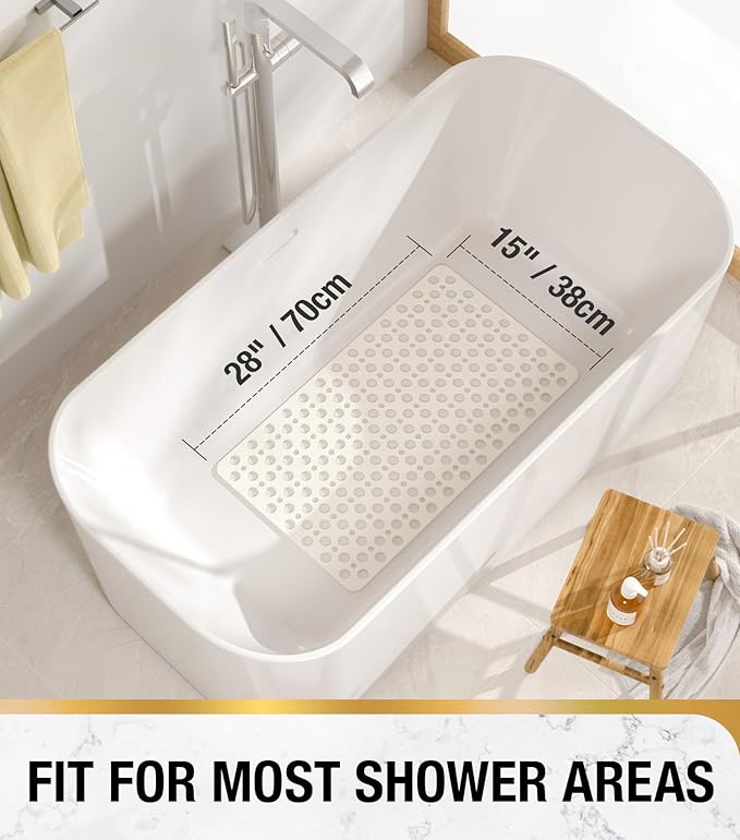 HITSLAM Bathtub Mat Non Slip, 28 x 15 Inch TPE Bath Mat for Tub, Efficient Drainage Bathroom Shower Mat with Suction Cups, Bath Tub Mat, Soft on Feet and Easy to Clean, White