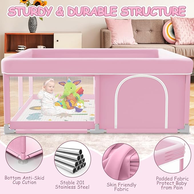 XVISHX Baby Playpen with Mat, 50 x 50 Inch Playpen for Babies and Toddlers, Baby Playard for Indoor & Outdoor Active Center Game Fence, with Skin-Friendly Fabric and Soft Breathable Mesh, Pink