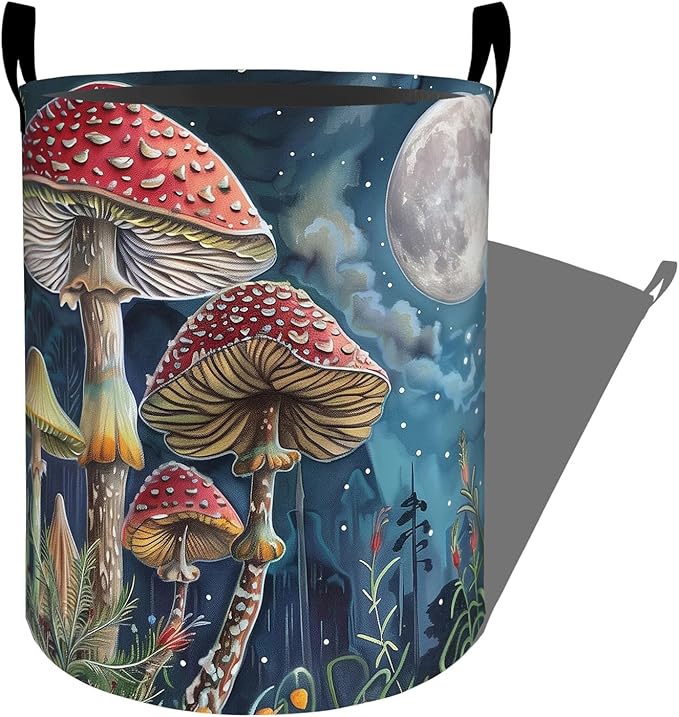 Charming Mushrooms Under Full Moon Laundry Basket with Handles, 19.7"x15.7" Clothes Foldable Laundry Hamper Organizer for Dorm Nursery Bedroom Bathroom Decor, Toy Storage Bin for Kids