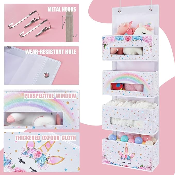 WERNNSAI Unicorn Over Door Hanging Organizer - Behind Door Hanging Storage with 4 Clear Window Pockets for Baby Girls Room Organization Gifts Toy Diaper Pantry Closet Bedroom Bathroom Nursery Decor