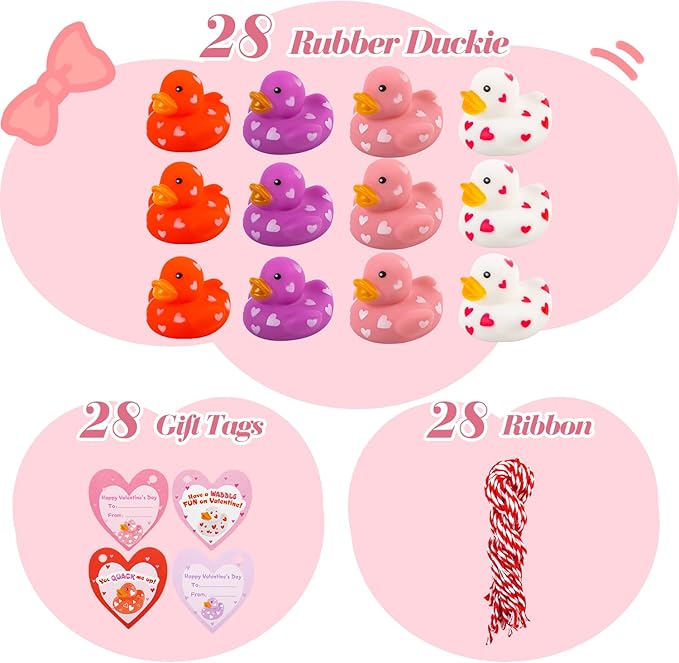 28 Packs Valentines Day Gift Cards with Cute Mini Rubber Duck 2.4x2.4 Bath Toys for School Classroom Valentine’s Exchange Greeting Cards
