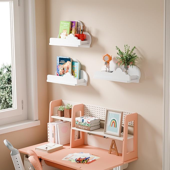 Cloud Shelves for Kid’s Room, 13’’ Long Nursery Wall Deor Set of 3, White Cloud Bookshelf Floating Shelf, Figure Shelf Wall Mounted, Cute Decorative Cloud Wall Shelf for Toys, Plants & Storage