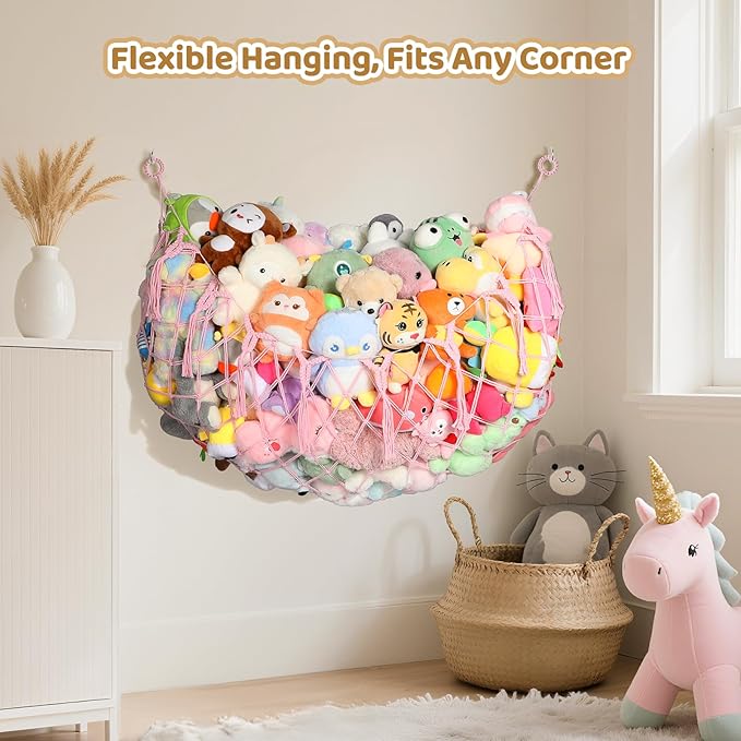 YECAYE Stuffed Animal Net, Room Decor Stuffed Animal Hammock, Upgraded 60 Inch for All Plush Dolls Organizer, Plushies Storage with Fully Handwoven Tassel, Fairy Pink (1 pack) Mesh Bags