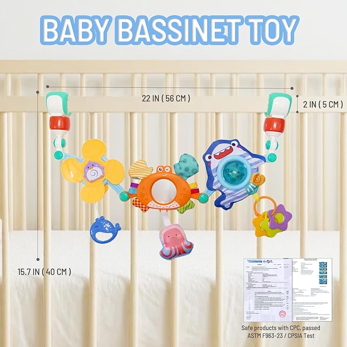 Adjustable Baby Stroller Arch Toy, Car Seat Toys for Infants 6-12 Months Bassinet Hanging Toy Bar Attachment with Mirror & Sound, Crib Comfort Gift for Birthday, Baby Shower