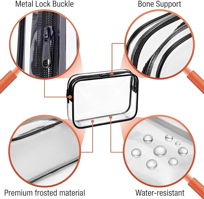 3 PCS Clear Travel Toiletries Bag, CAA Approved Waterproof Toiletry Bags, Clear Makeup Bags PVC Cosmetic Bag, Travel Essentials