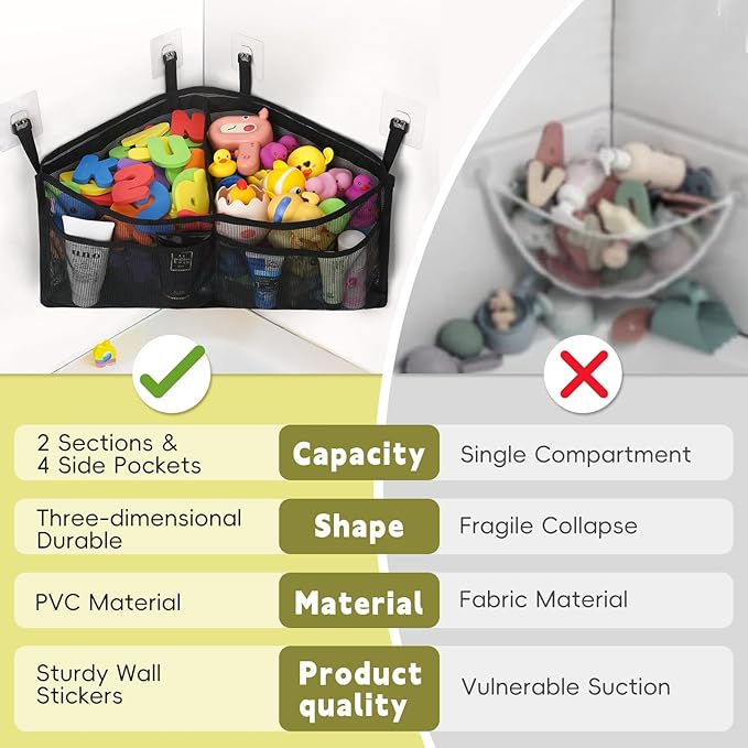Goowin Bath Toy Organizer, Triangle Corner Bath Toy Storage, Quick Access Bath Toy Holder for Bathtub, Large Capacity Bath Storage for Toys, Quick Dry Mesh Toy Holder for Bath Hanging (Black)