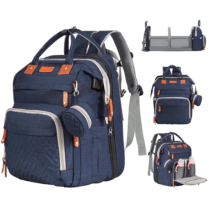 JOYCE Baby Diaper Bag Backpack, with Diaper Changing Station, Multi-functional Travel Waterproof Backpack, for Baby Boys and Girls, with Foldable Portable Diaper Pad and Sunshade (Large Blue)