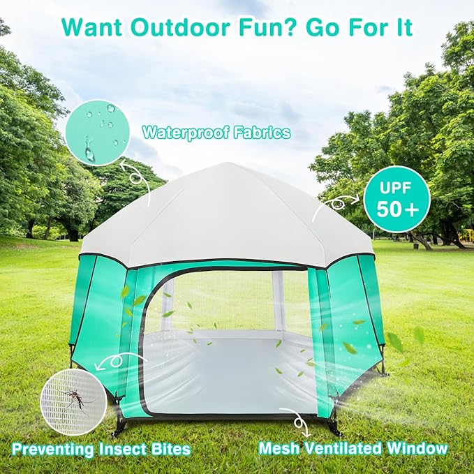 Zooawa Pop Up Playpen for Baby, Portable Play Yard for Babies and Toddlers with Removable Sun-Shades& 2 Side UV Covers, Lightweight Outdoor Baby Playpen with Travel Bag,Beach,Home, Mint Green