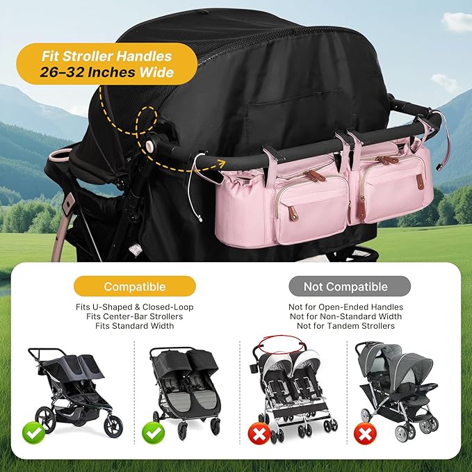 Double Stroller Organizer for Bob Duallie and Baby Jogger City Mini GT2, Double Stroller Caddy Organizers with Cup Holder and 2 Cooler Pockets Parent Console Double Stroller Accessories