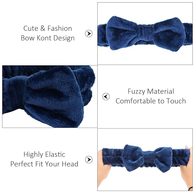 10 Pack Spa Headband for Washing Face Navy Blue Skincare Headbands Bulk for Women Girls Soft Coral Fleece Hairband Cute Bow Headbands for Washing Face Makeup