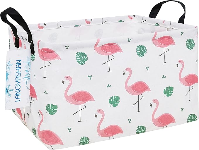 LANGYASHAN Rectangular Storage Bin Collapse Canvas Fabric Cartoon Storage Basket with Handles for Organizing Home Kitchen Boys and Girls Toys Office Closet Shelf Baskets(Rec Leaf Flamingo)
