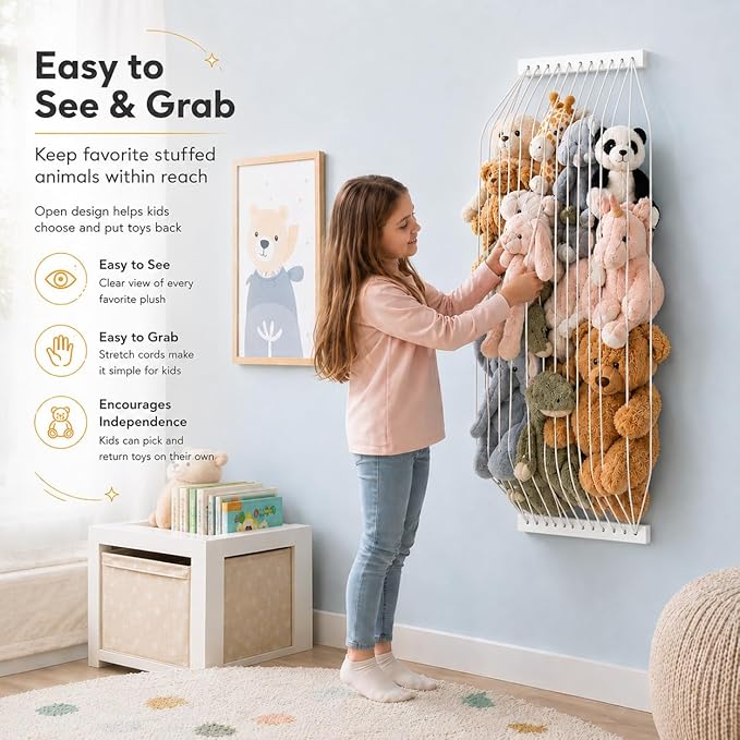 Stuffed Animal Storage Wood Soft Toy Storage for Kids Room，Wall Mount Door Hanging Stuffed Animal Toy Organizer Shelf for Nursery Play Room White -Patent