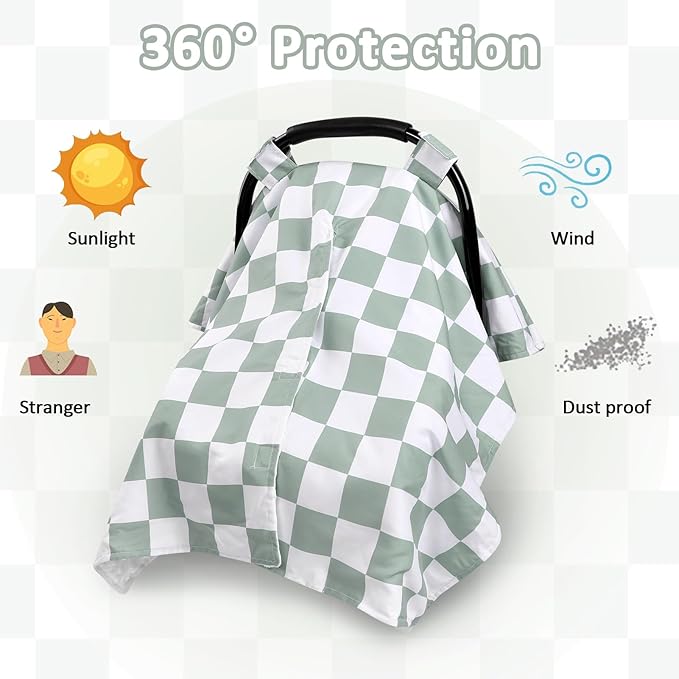 DILIMI Baby Car Seat Cover, Minky Warm Winter Car Seat Covers for Babies, Peekaboo Opening Infant Car Seat Cover, Nursing Cover Carseat Canopy, Green Checkered