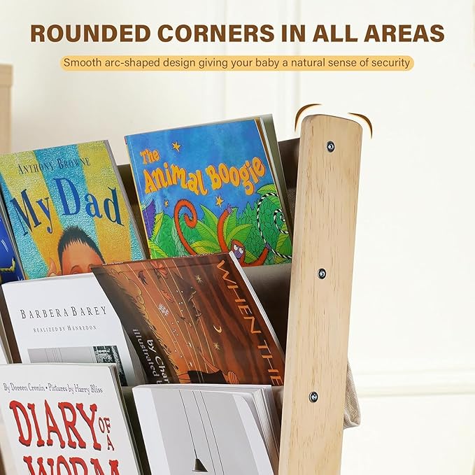 HDView Kids Bookshelf 7 Tier Wooden Book Organizer Toddler Book Sling Rack with Deep Sleeves for Boys Playroom Nursery Bedroom, Space Saver, Up to 200 Kids Books