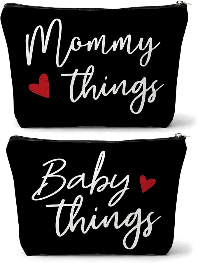 Mommy and Baby Matching Pouch Set, Mommy Things and Baby Things Bags, Gifts for New Moms Expecting Moms, Matching Travel Cases, Black Set of 2