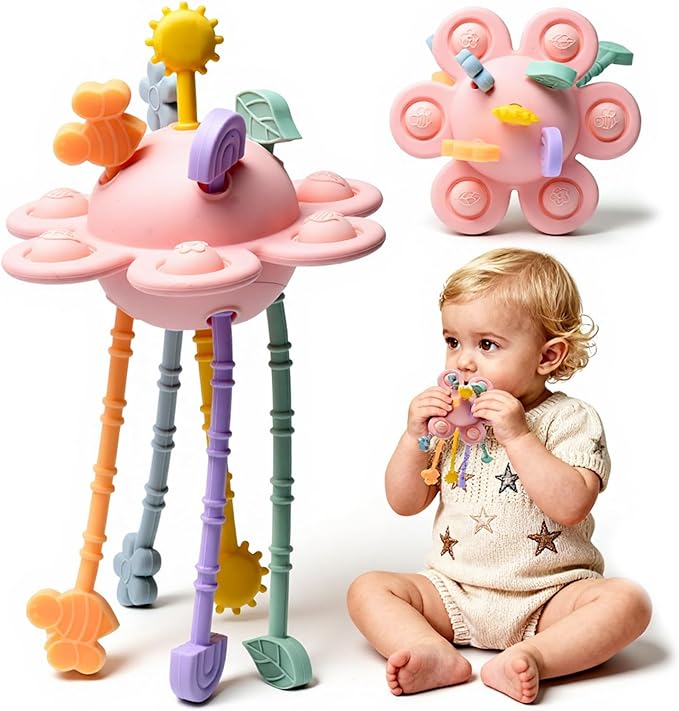 Little Rawr Silicone Baby Sensory Montessori Toys & Pull String Toys for 18 M+, Toddler Birthday Gift Car Seat Airplane Travel Toy for 1 2 Year Old Boy Girl Infant 18 Months Old (Pink)