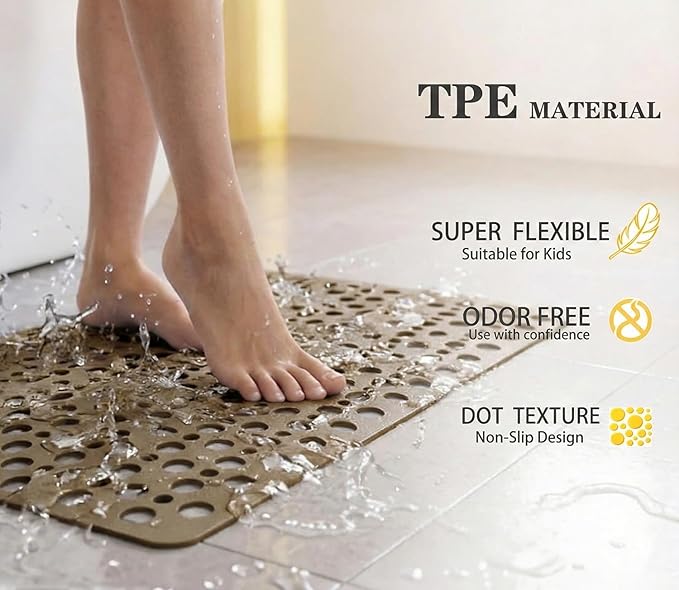 Nonslip Bath Tub Shower Mat with Suction Cups, Extra Soft TPE Bath Mat for Kids, Bathtub Bathroom Mats, Machine Washable, Smooth/Non-Textured Tubs Only, 35L x 16W Inch(Brown)