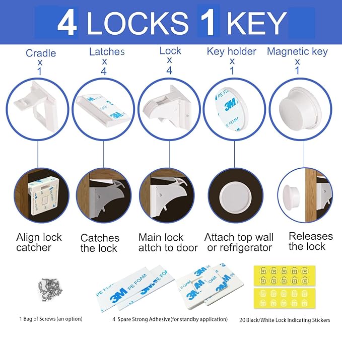 Magnetic Cabinet Locks Baby Proofing - 4 Locks & 1 Key, No Drill Adhesive Safety Latches for Cabinets & Drawers, Child Proof Lock for Kitchen, Toiletries, Strong Magnet Key to Open, Easy Installation