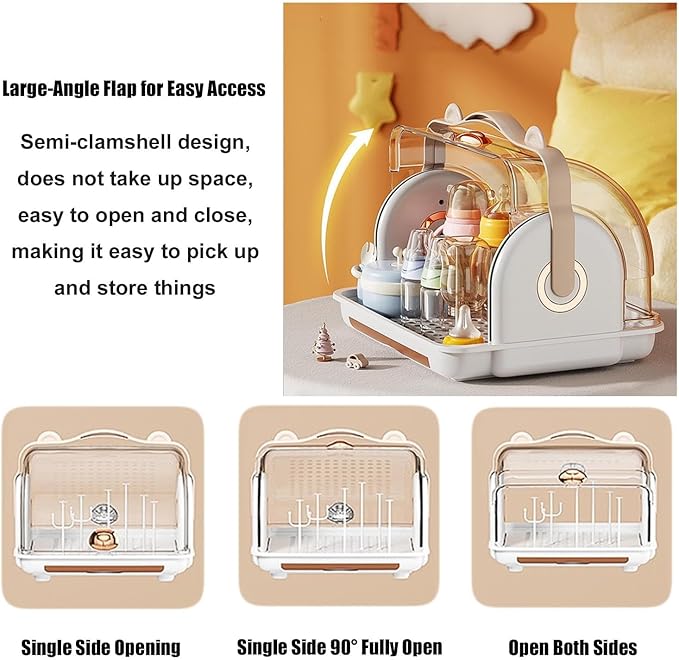 Nollapo Baby Bottle Drying Rack Storage with 3 Brush, Nursing Bottle Storage Box Organizer with Cover, Portable Kitchen Cabinet Organizer, Durable countertop Dryer (Orange)
