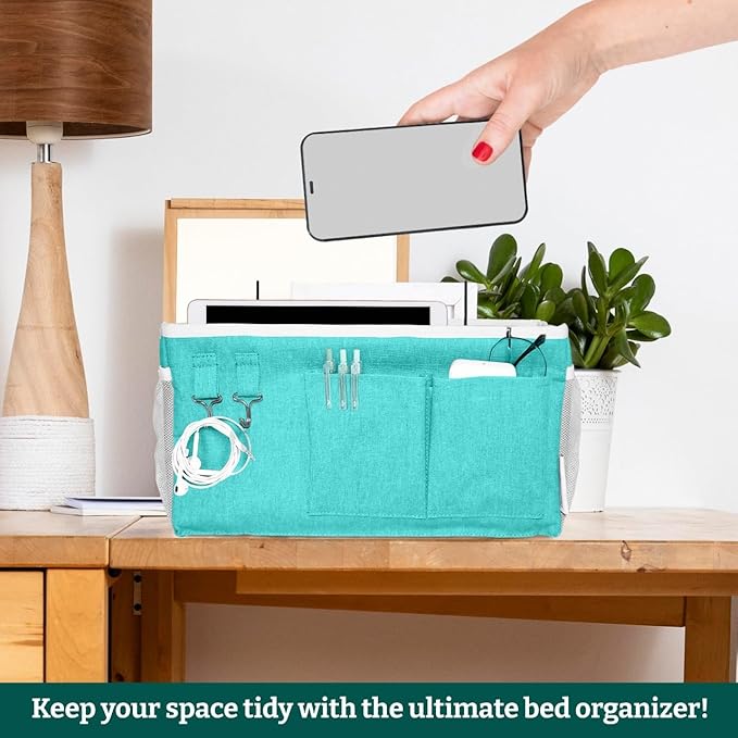 Bedside Caddy Organizer Hanging Storage Bag with Pockets for Books, Magazines, Phone, Tablet & Water Bottle – Bedside Storage for Dorm, Bunk Beds, Hospital Beds & Cribs, Green