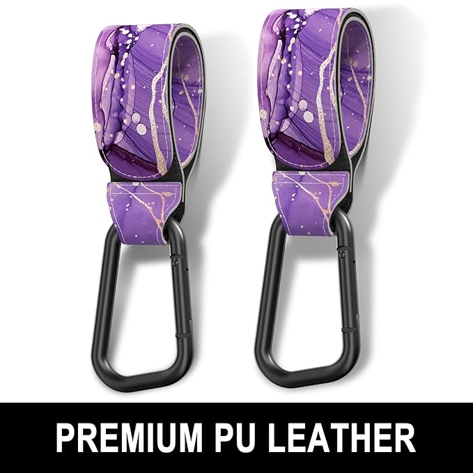 Baby Stroller Hooks for Hanging Bags, Universal Stroller Clips Accessories, Mommy Hook for Diaper Bag, Shopping Cart, Purse, Backpack - 2 Pack, Purple Marble