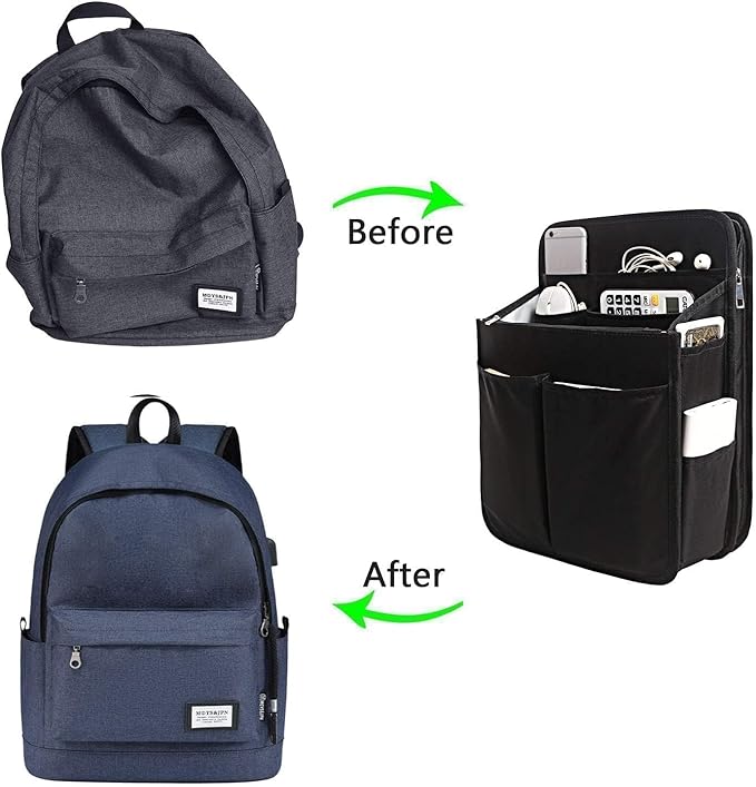 Yoillione Nylon Backpack Organizer Insert for Men and Women, Lightweight Travel Rucksack Insert with High Capacity, Large Bag Organizer with Zipper Pockets