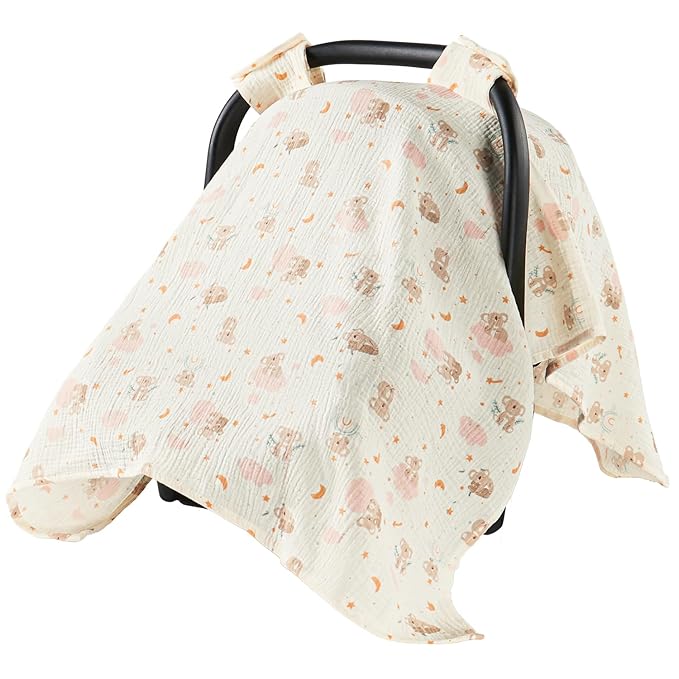 100% Muslin Cotton Car Seat Cover for Baby, Breathable Soft Car Canopy & Sunshade, Universal Infant Carseat Cover, Lightweight Summer Stroller Cover for Boys Girls - Koala