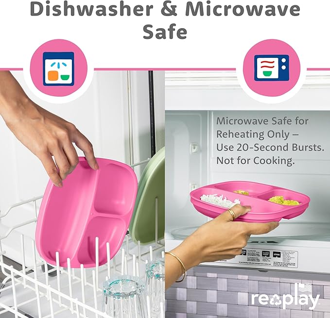 Re-Play Toddler Plates with Dividers - Deep-Walled 3 Compartments Divided Plates for Kids with 3 Lids - Dishwasher & Microwave Safe - Made in USA - Set of 3-7.37" x 7.37" x 1.25" - Princess