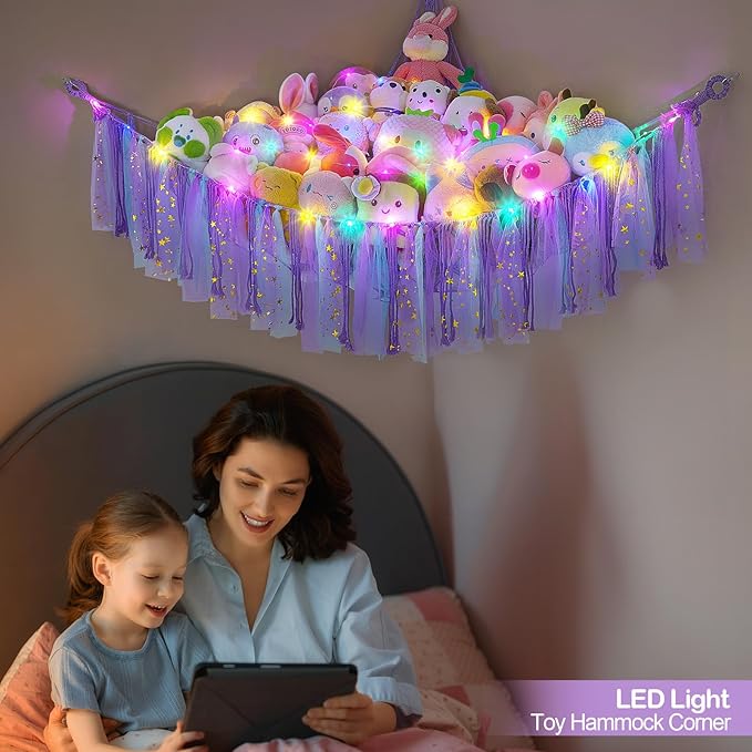 FIOBEE Stuffed Animals Net or Hammock with LED Light, Toy Hammock Hanging Stuffed Animals Storage Organizer Holder Room Décor for Nursery Kids Bedroom
