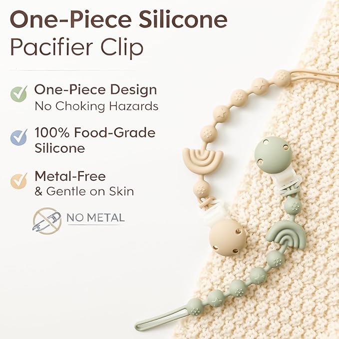 Baby Pacifier Clips One Piece Binky Clip Holder Silicone Teether Clip Pacifier Straps with Clip Baby Teether Toys for Boys and Girls Set of 3 Andy Bear-Ivory+Sage+Baby Blue