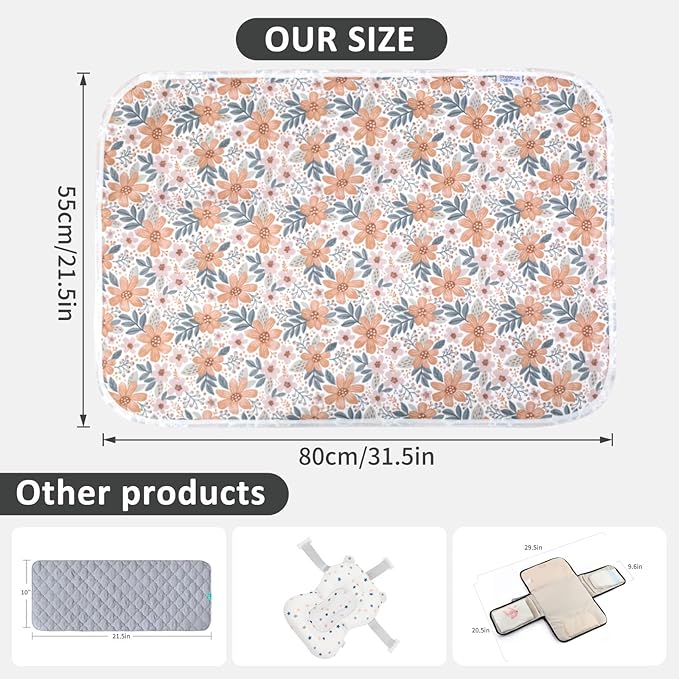 Baby Diaper Changing Pad, 21 5/8" x 31.5" Waterproof Changing Pad Liners - Reusable Soft and Absorbent Portable Changing Mat(Floral2-1PCS)