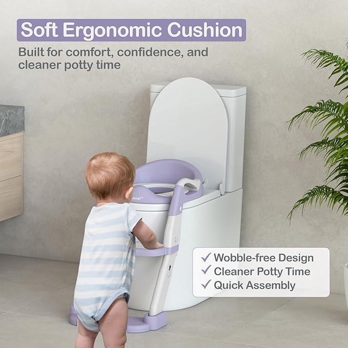 Toddler Potty Training Seat with Ladder and Step Stool | Helps Kids Climb and Sit on Their Own | Soft Cushion, Non-Slip Base, Splash Guard | Includes Potty Training Guide Book & Sticker