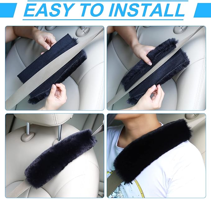 Boao 4 Pack Faux Sheepskin Car Seat Belt Pads Seatbelt Protector Soft Seat Belt Shoulder Strap Cover Comfort Harness Pad(Charcoal Black, 9.9 Inch)