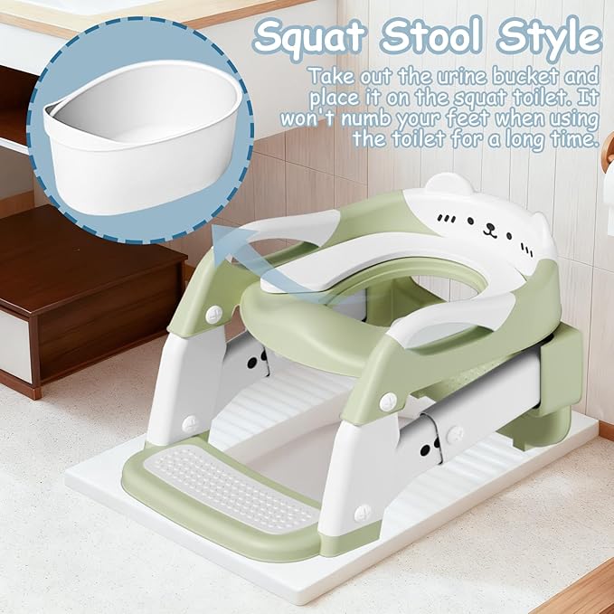 3-in-1 Baby Potty Training Seat with 2 Step Ladder, Splash Guard Anti-Slip Pad, Height Adjustable Toddler Toilet Seat with Soft Cushion for Kids Boys Girls(Green)