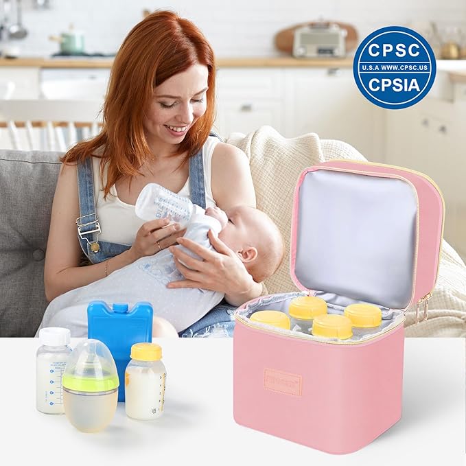 PIIOSER Insulated Baby Bottle Tote Bags with Ice Pack, Fits 4 Baby Bottles Up to 5 Ounce, Portable Breastmilk Cooler Travel Bag with Buckle for Nursing & Working Mom Daycare(Pink-XS)