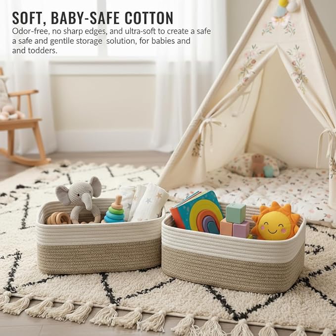 Large Shallow Basket, Storage Baskets for Organizing 2 Pack, 15"x11"x5.1", Rope Basket for Shelves, Living Room, Nursery, Bedroom, Gift Basket, White & Mixed Brown