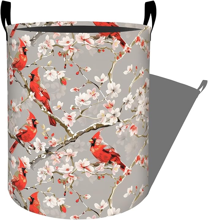 Red Cardinals and White Floral Laundry Basket with Handles, 19.7"x15.7" Clothes Foldable Laundry Hamper Organizer for Dorm Nursery Bedroom Bathroom Decor, Toy Storage Bin for Kids