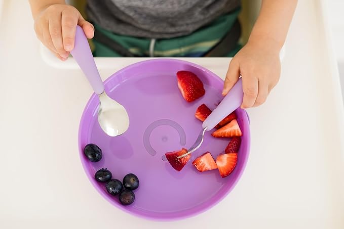 Ubbi Toddler Stainless Steel Fork & Spoon Set, 4-Pack – Silicone Easy-Grip Handles, Kids Self-Feeding Utensils, Baby-Led Weaning Essentials, Dishwasher Safe, Smoothie Purple & Sugar Snap Green